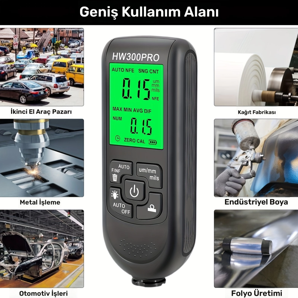 HW-300PRO Oto Boya Kalınlık Ölçer Fe NFe 2000µm + 2 Fonksiyonlu Bardak Tutucu Hediyeli ( Lisinya )