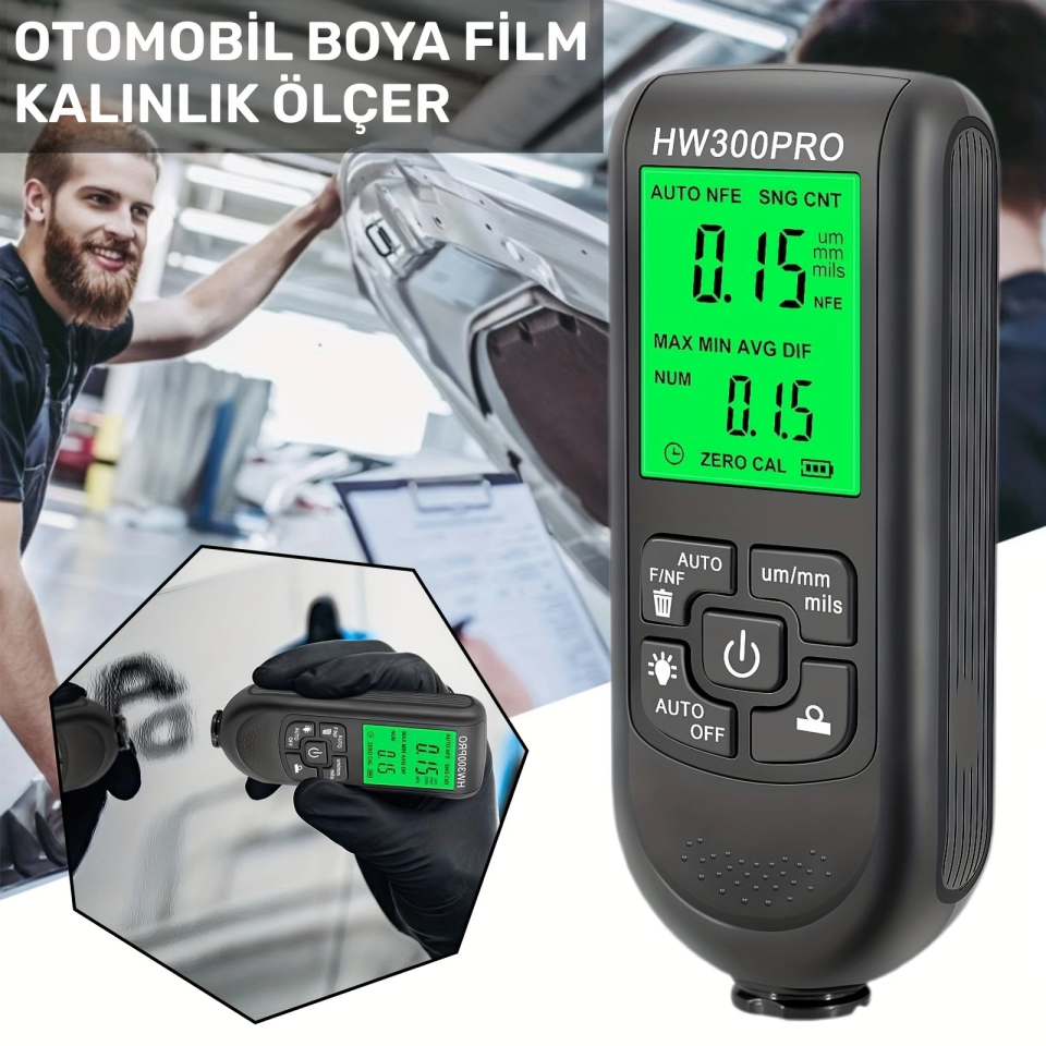 HW-300PRO Oto Boya Kalınlık Ölçer Fe NFe 2000µm + 2 Fonksiyonlu Bardak Tutucu Hediyeli ( Lisinya )