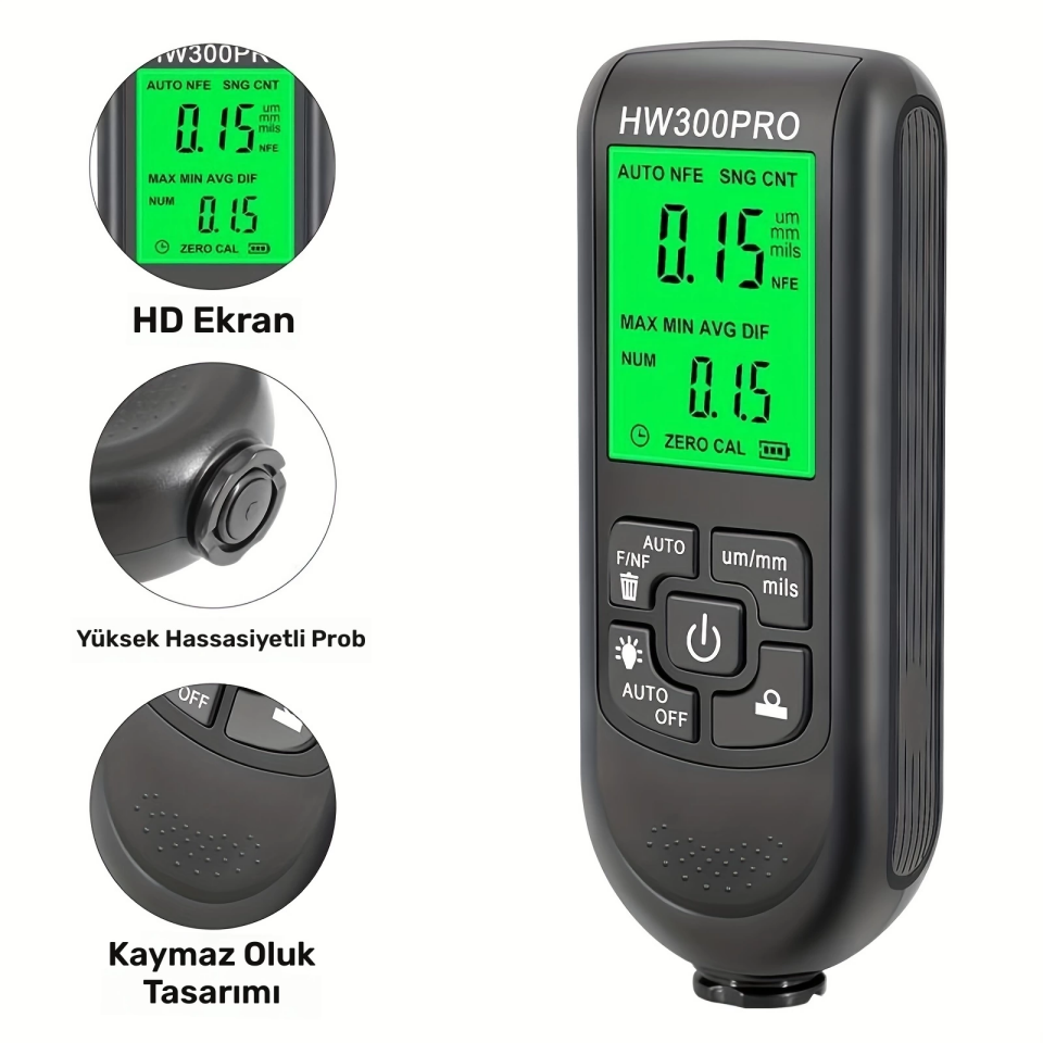 HW-300PRO Oto Boya Kalınlık Ölçer Fe NFe 2000µm + 2 Fonksiyonlu Bardak Tutucu Hediyeli ( Lisinya )
