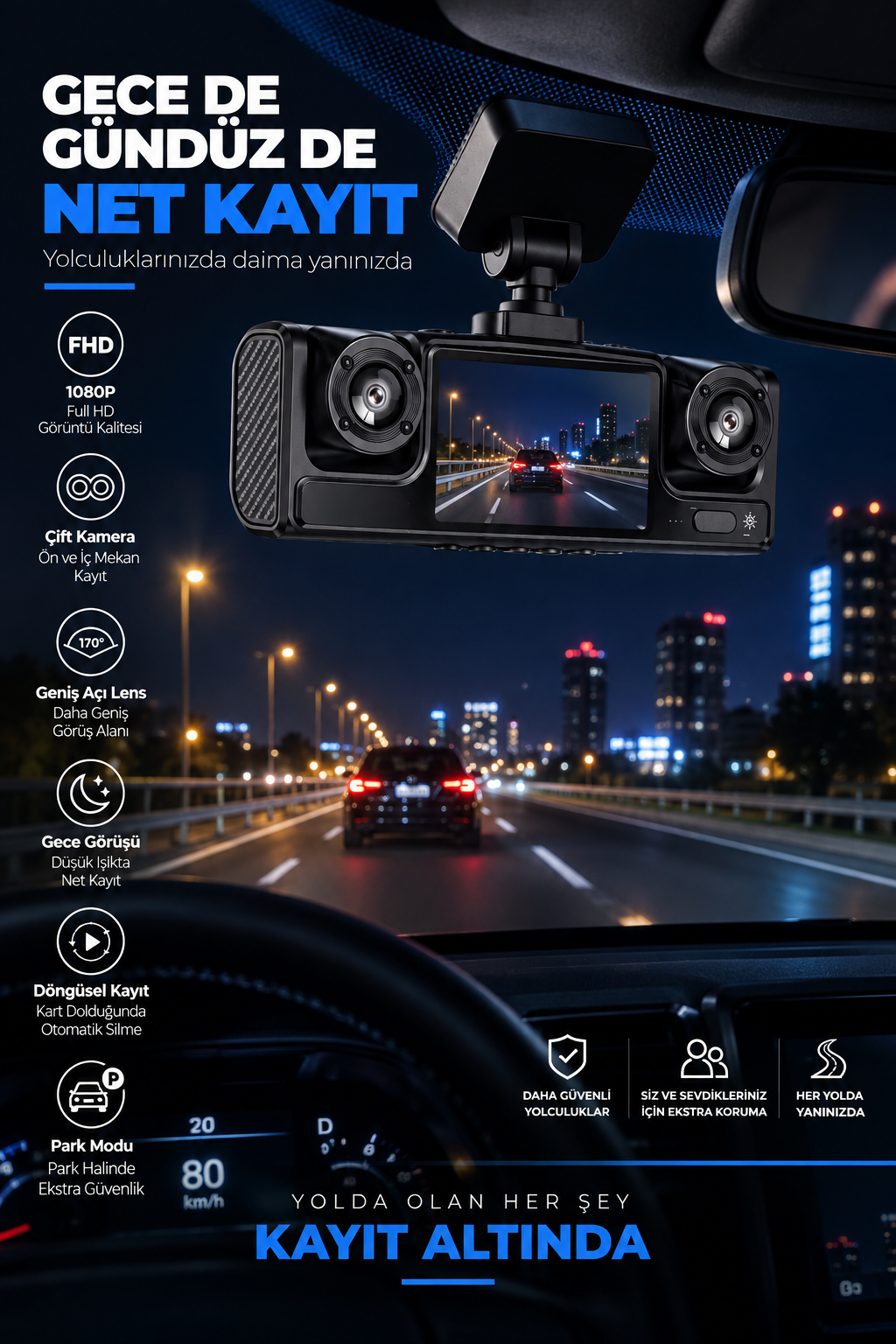 Full HD 1080P Döngüsel Kayıtlı Araç Kamerası - Lisinya