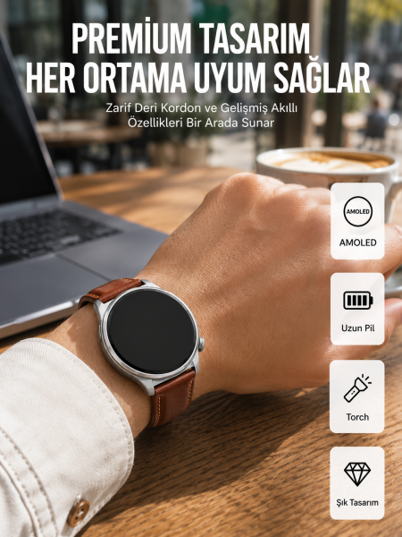 AMOLED Ekranlı 10 Gün Kullanım Süreli Torch Özellikli Akıllı Saat Yeni Nesil - Lisinya