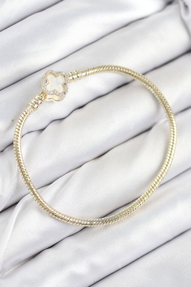 Pirinç Charm Zirkon Taşlı Yonca Model Gold Renk Kadın Bileklik - Lisinya