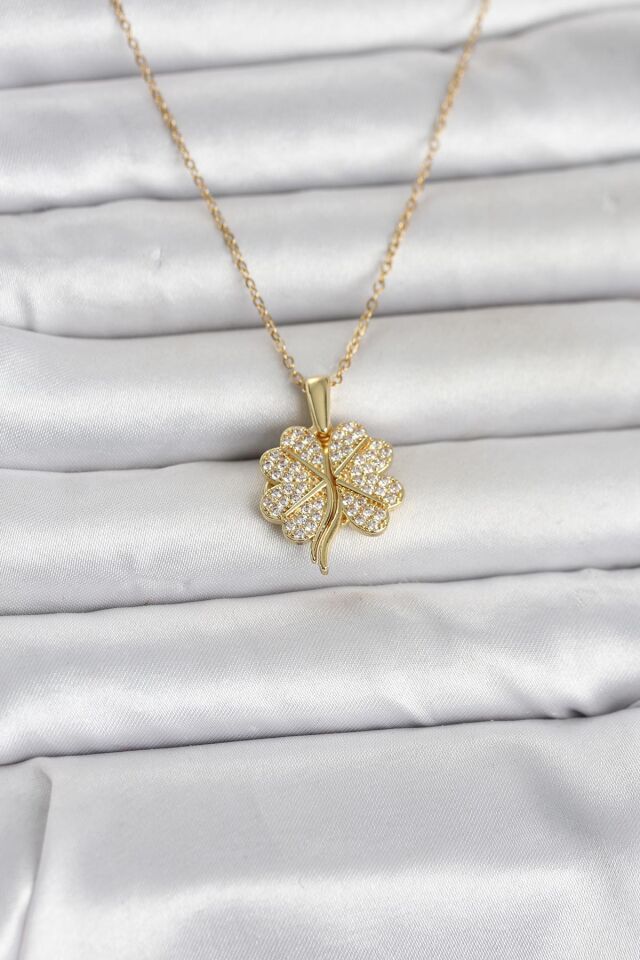 316L Çelik Gold Renk Açılabilir Yonca Model Zirkon Taşlı Kadın Kolye - Lisinya