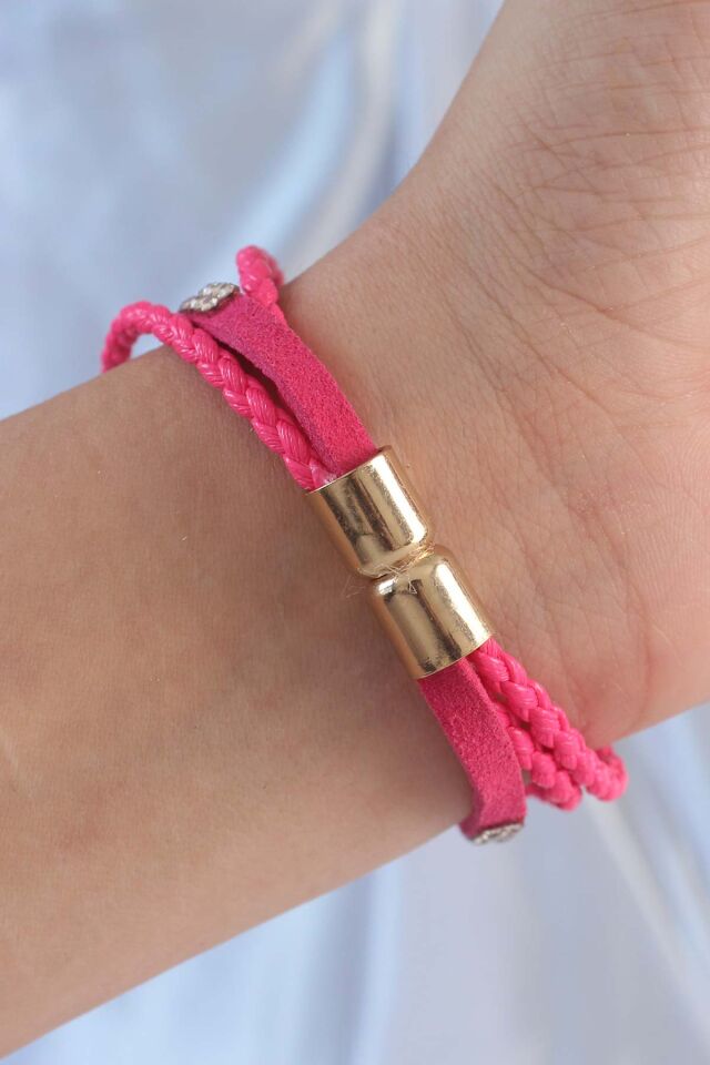 Pembe Renk Zirkon Taşlı Deri Çoklu Bileklik - Lisinya