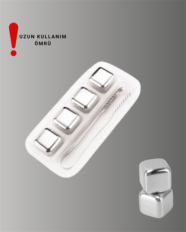 Paslanmaz Çelikten Üretilmiş Metal Buz Küpü Seti ve Buz Klipsi - Lisinya