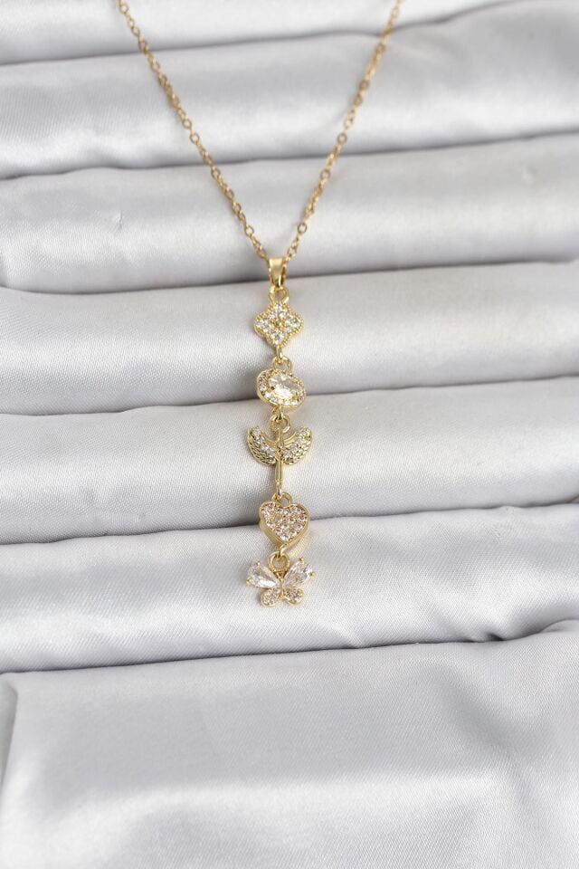 316L Çelik Gold Renk Şans Kolyesi Y Model Zirkon Taşlı Kadın Kolye - Lisinya
