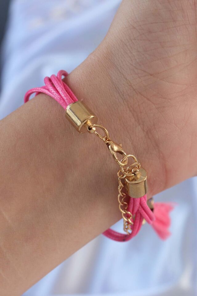 Pembe Zirkon Taşlı İpli Püskül Detay Çoklu Bileklik - Lisinya