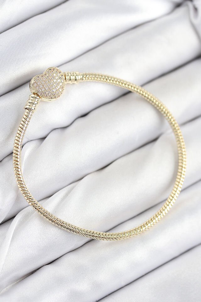 Pirinç Charm Zirkon Taşlı Kalp Model Gold Renk Kadın Bileklik - Lisinya