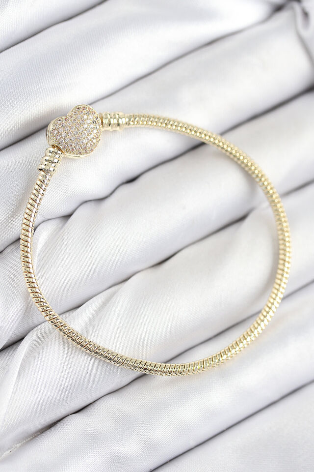 Pirinç Charm Zirkon Taşlı Kalp Model Gold Renk Kadın Bileklik - Lisinya