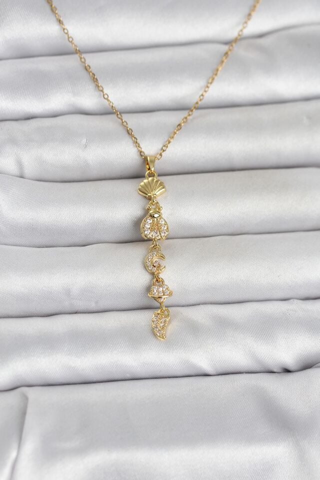 316L Çelik Gold Renk Deniz Temalı Y Model Zirkon Taşlı Kadın Kolye - Lisinya