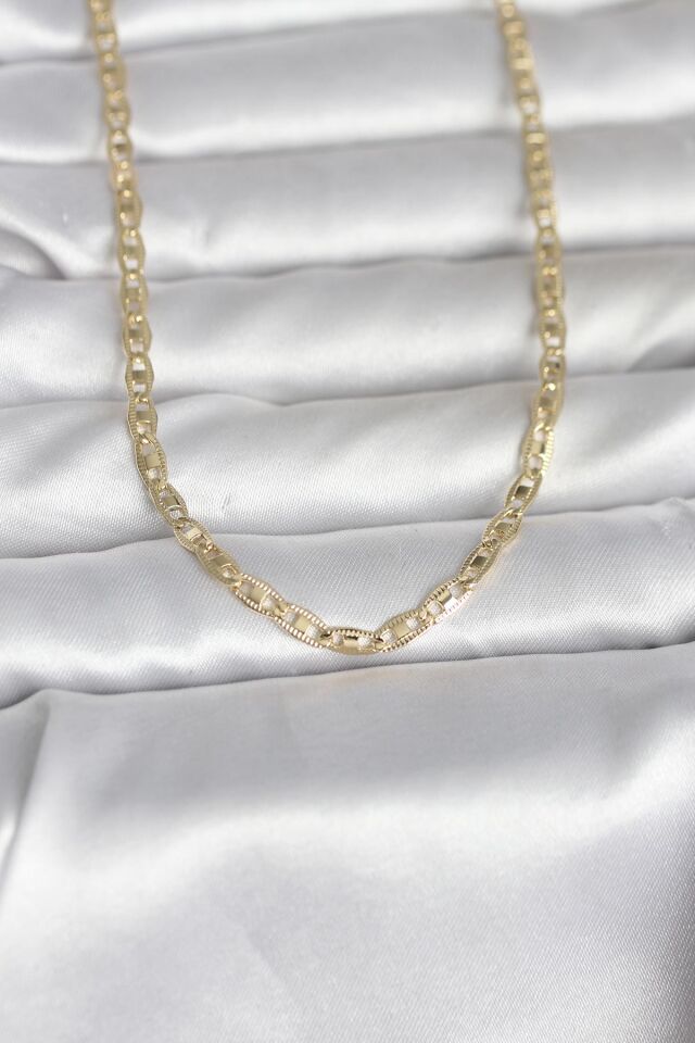 CM 14K Gold Renk Lazer Kesim Zincirli Model 60 cm Kadın Kolye - Lisinya