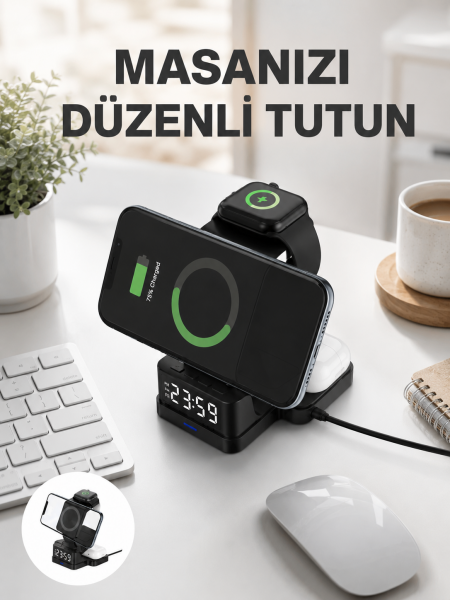 Kablosuz Şarjlı Dijital Masa Saati – 3 Parlaklık Seviyeli LED, Hızlı Şarj Yeni Nesil - Lisinya