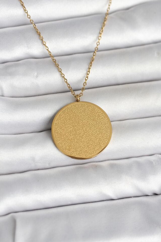 316L Çelik Gold Renk Ayetel Kürsi ve Allah Yazılı Kolye - Lisinya