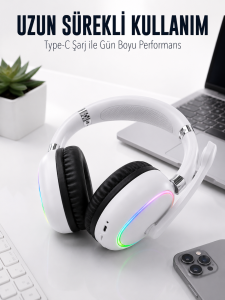 Beyaz Bluetooth 5.0 Mikrofonlu Kablosuz Kulak Üstü Kulaklık RGB Işıklı Type-C Şarjlı - Lisinya