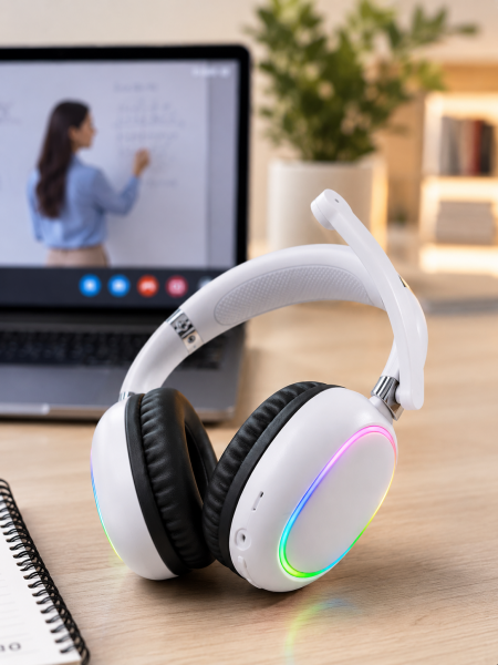 Beyaz Bluetooth 5.0 Mikrofonlu Kablosuz Kulak Üstü Kulaklık RGB Işıklı Type-C Şarjlı - Lisinya