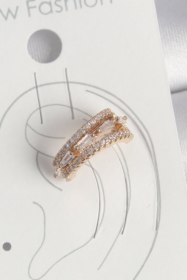 Pirinç Gold Renk Zirkon Taşlı 3'Lü Sıralı Model Kadın Kıkırdak Küpe - Lisinya