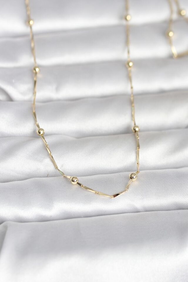 CM 14K Gold Renk Kesme Çubuk Zincir Topçuklu Model 60 cm Kadın Kolye - Lisinya