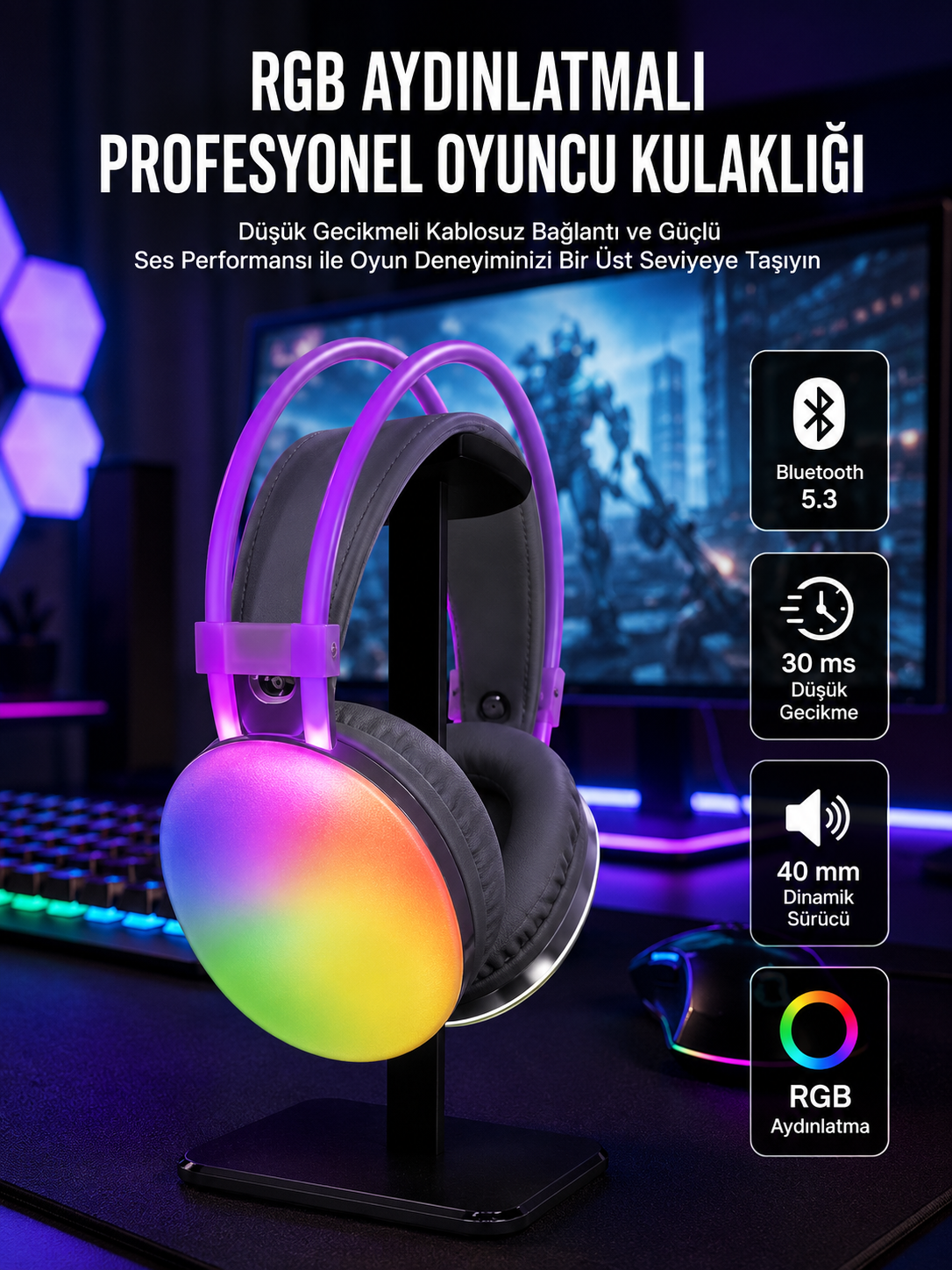 RGB Işıklı Yüksek Ses Kaliteli Kablosuz Kulak Üstü Bluetooth Kulaklık - Lisinya