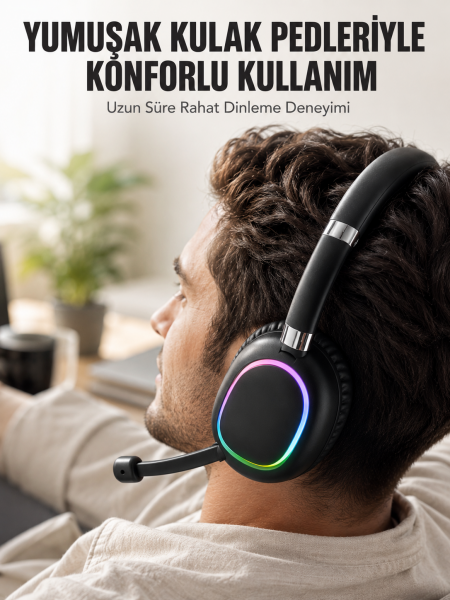Bluetooth 5.0 RGB Işıklı Mikrofonlu Kablosuz Kulak Üstü Kulaklık - Lisinya