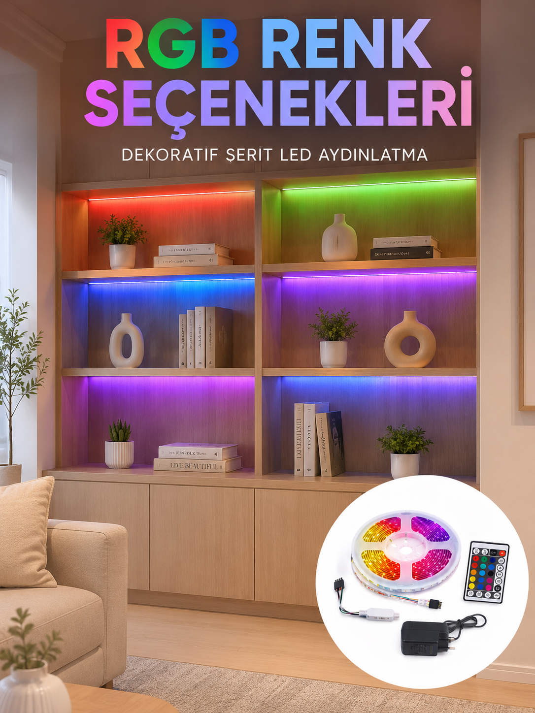 5 Metre Kumandalı RGB LED Şerit 2835 SMD Dekoratif TV Oda Masa Arkası Aydınlatma - Lisinya