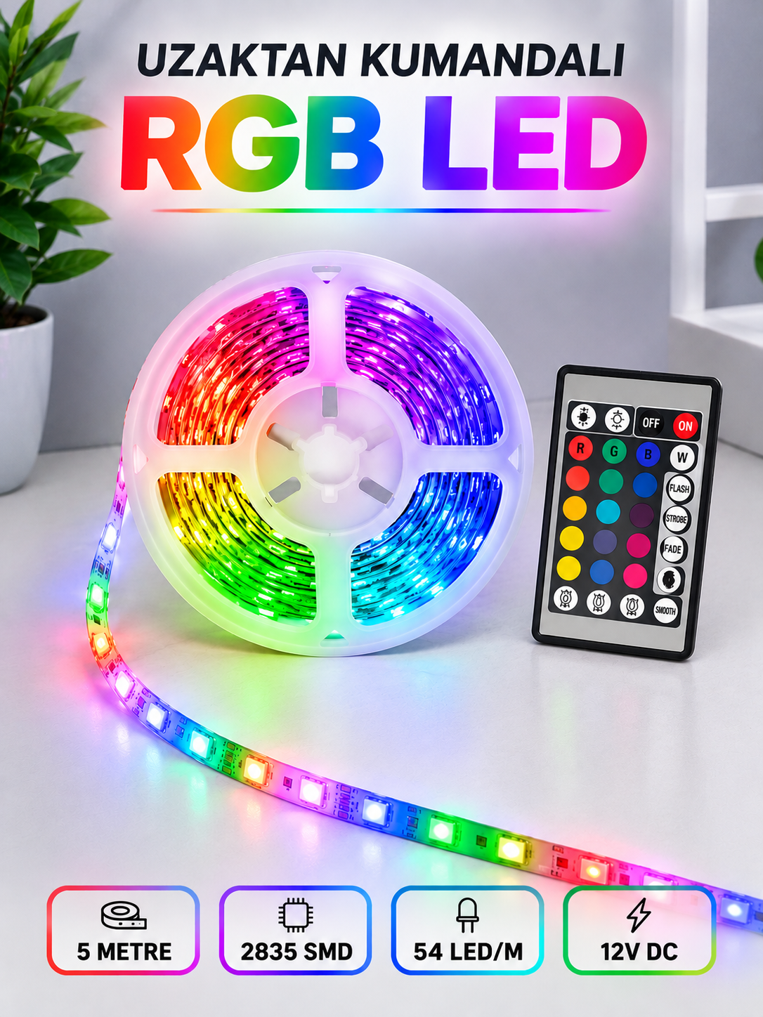 RGB Şerit LED 5 Metre 12V 2835 SMD Kumandalı Renkli Oda ve Ev Aydınlatması - Lisinya