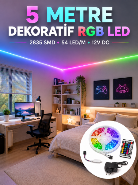 5 Metre RGB Şerit LED 2835 SMD 54 LED/M Uzaktan Kumandalı Dekoratif Aydınlatma - Lisinya