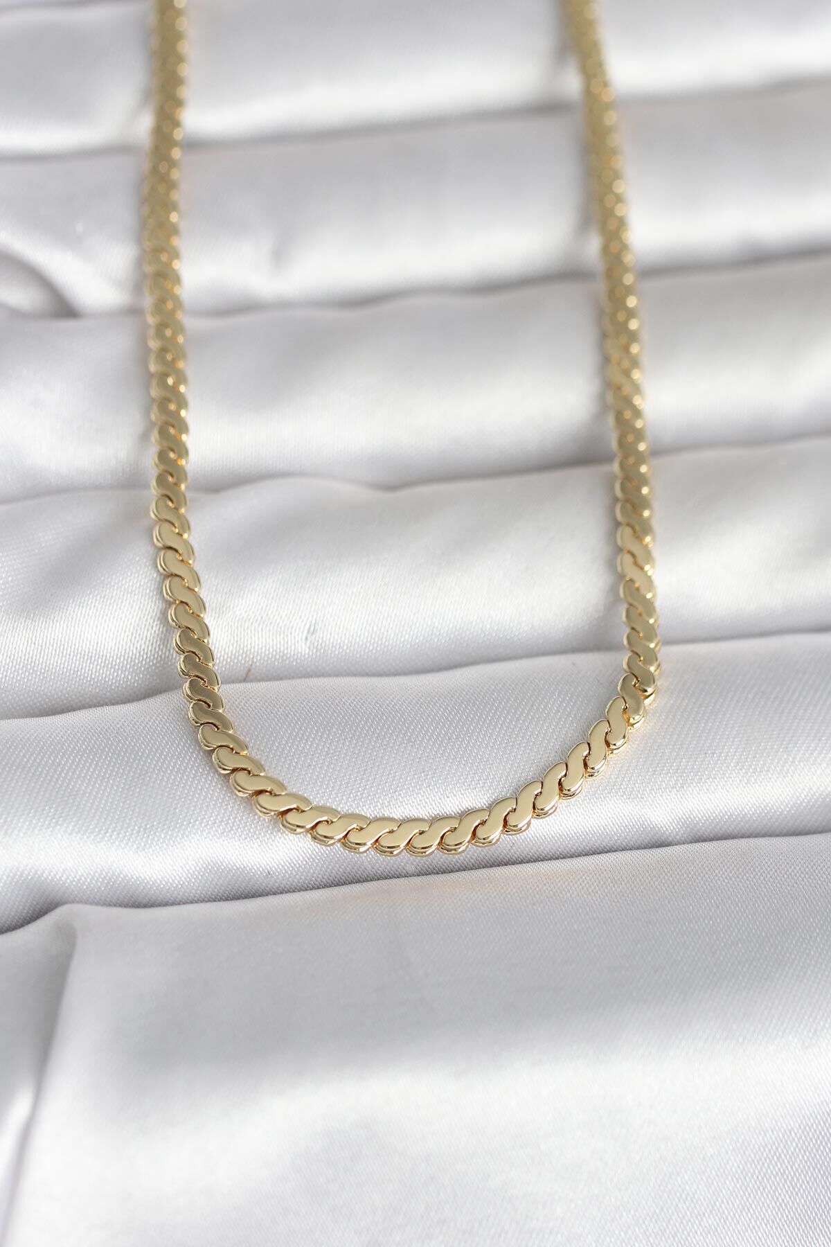 CM 14K Gold Renk Yassı Ezme Zincir Model 60 cm Kadın Kolye - Lisinya