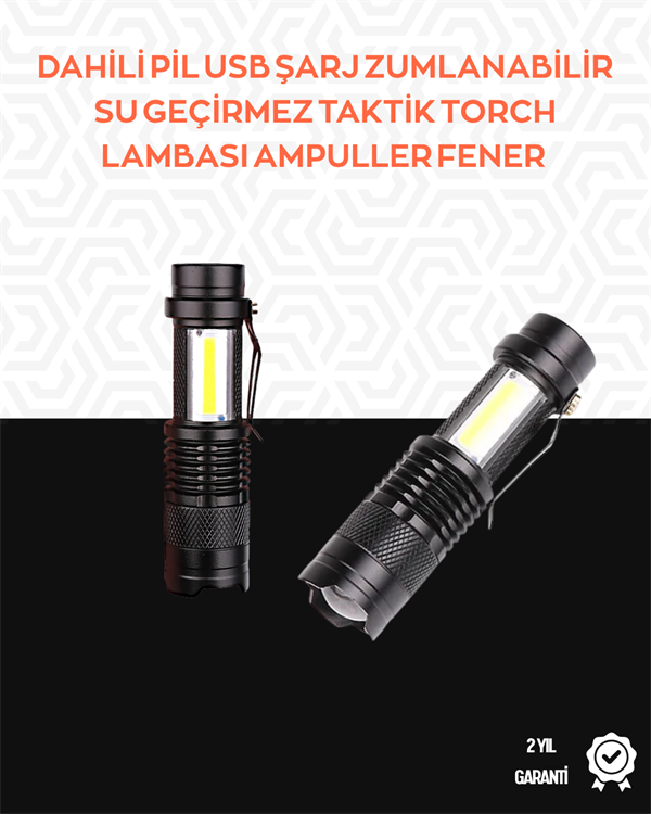 Taşınabilir Şarjlı LED Fener - 4 Modlu, 2000LM, Ayarlanabilir Odak - Lisinya