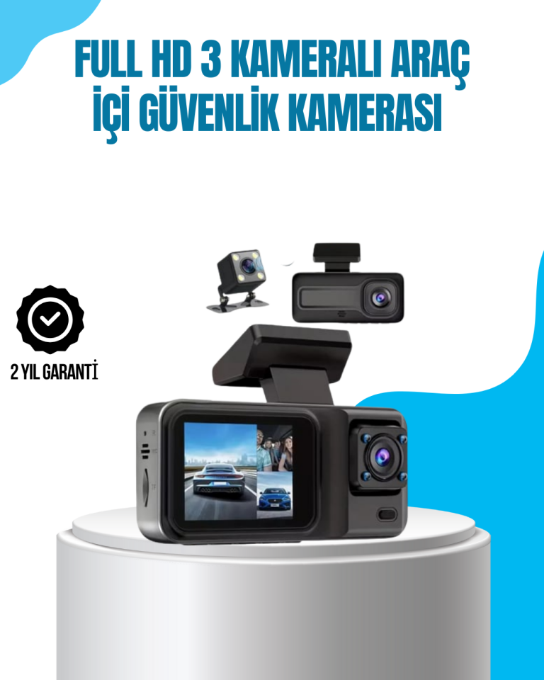 3 Kameralı Araç İçi Kayıt Cihazı 1080P Full HD Gece Görüşlü ve Wi-Fi Bağlantılı - Lisinya