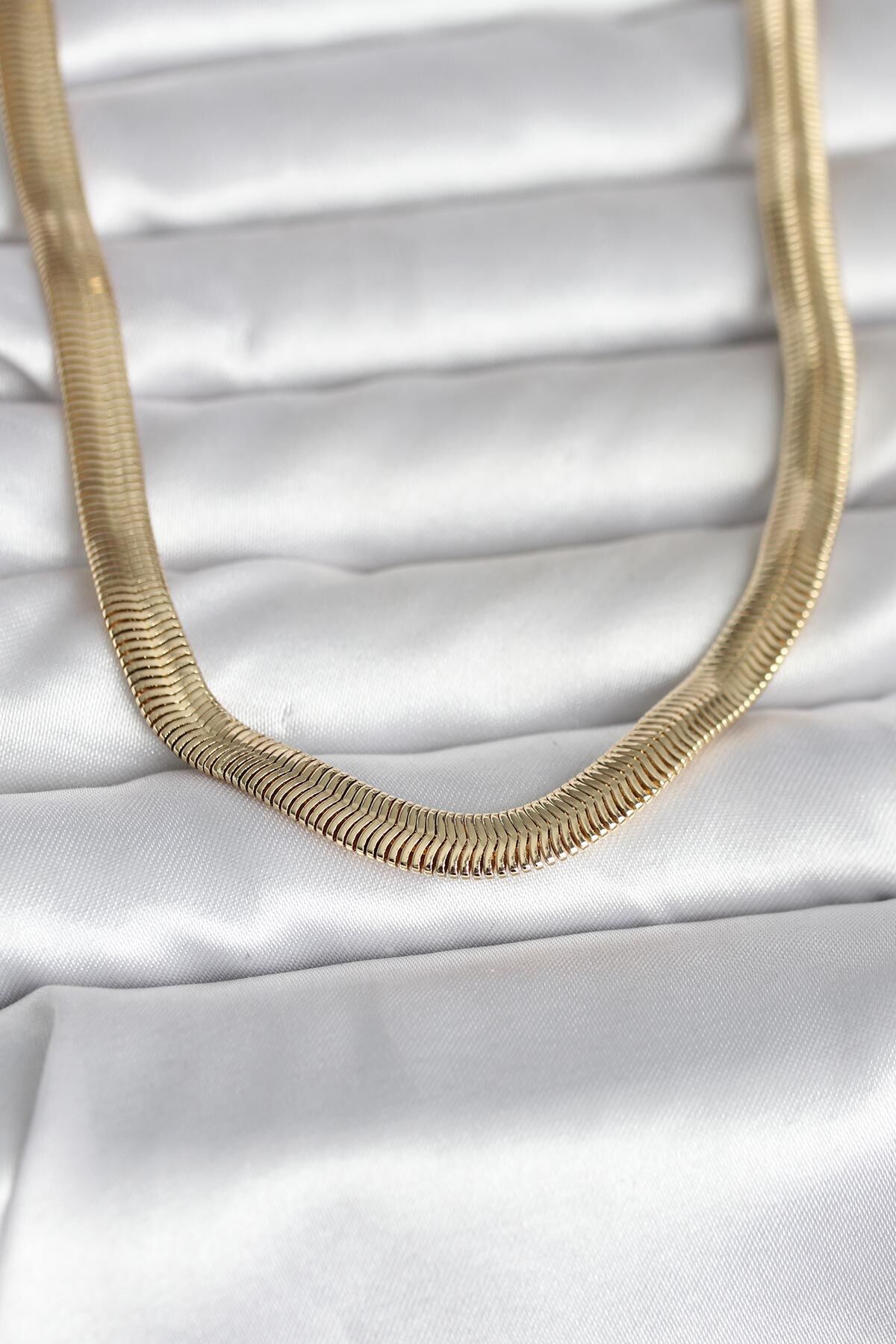 CM 14K Gold Renk Kalın Yassı Yılan Zincir Model 45 cm Kadın Kolye - Lisinya