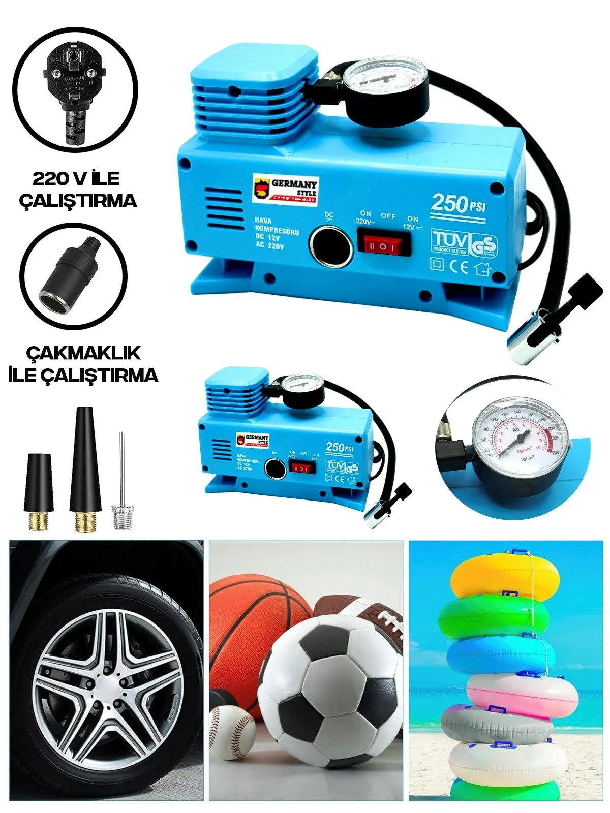 220 Volt-12 Volt 250 Psi Geniş Uygulama Yelpazesi Kompresör Lastik Hava Şişirme Oto Pompası ( Lisinya )