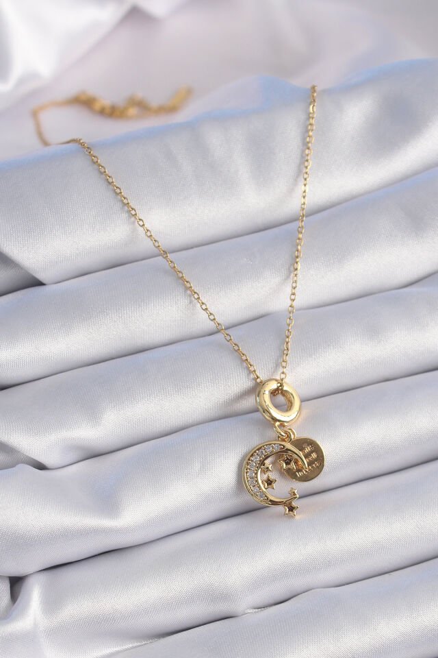 316L Çelik Gold Renk Zirkon Taşlı Ay Yıldız  Model Charm Model Kadın Kolye - Lisinya