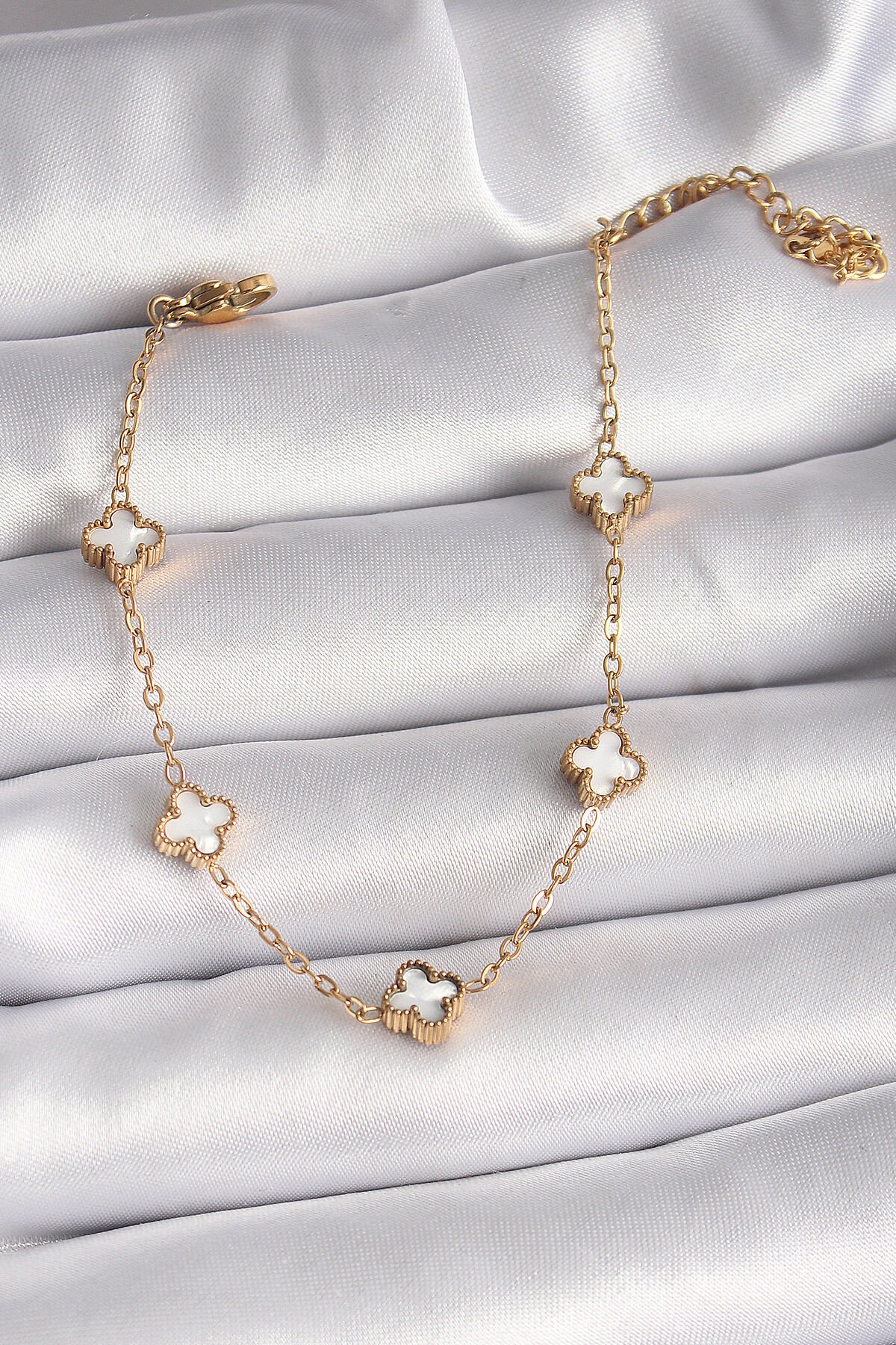316L Çelik Gold Renk Beyaz Baby Boy Yonca Model Kadın Bileklik - Lisinya