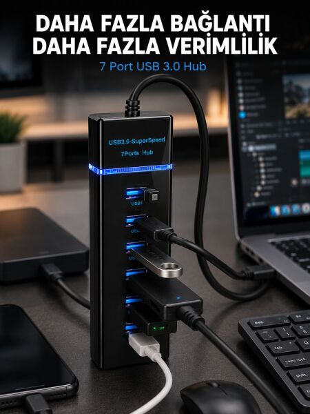 7 Port USB 3.0 Hub 5Gbps Süper Hızlı USB Çoklayıcı - Lisinya