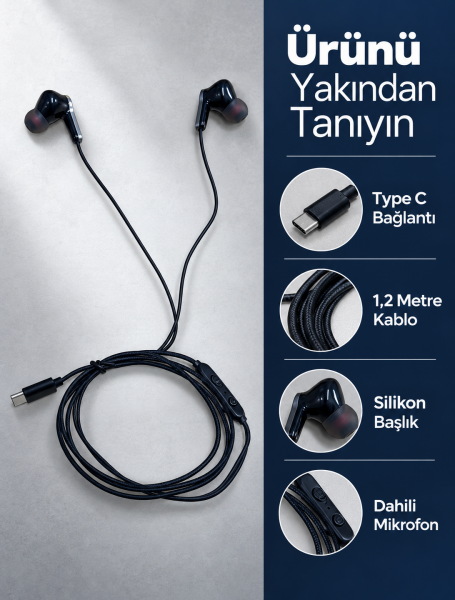 Dahili Mikrofonlu Type C Kablolu Kulaklık Siyah Gövde - Lisinya