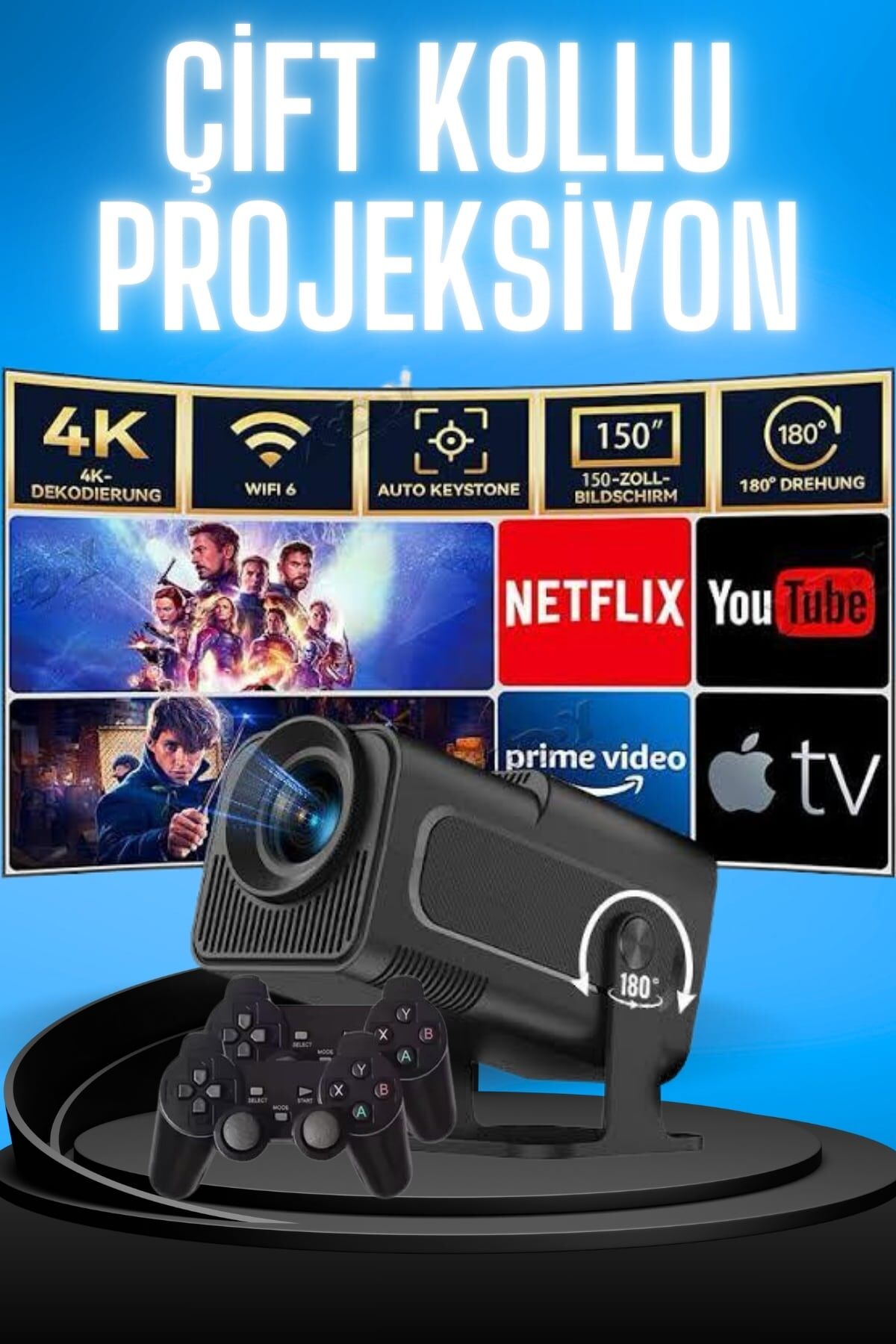 Projektör Siyah Android Taşınabilir Sinema Projeksiyon Wifi Destekli En Güncel Sürüm Akıllı - Lisinya