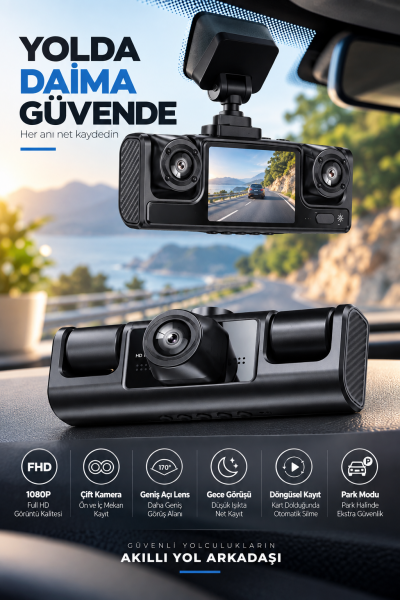 Çift Kameralı 1080P Full HD Araç Kayıt Kamerası - Lisinya