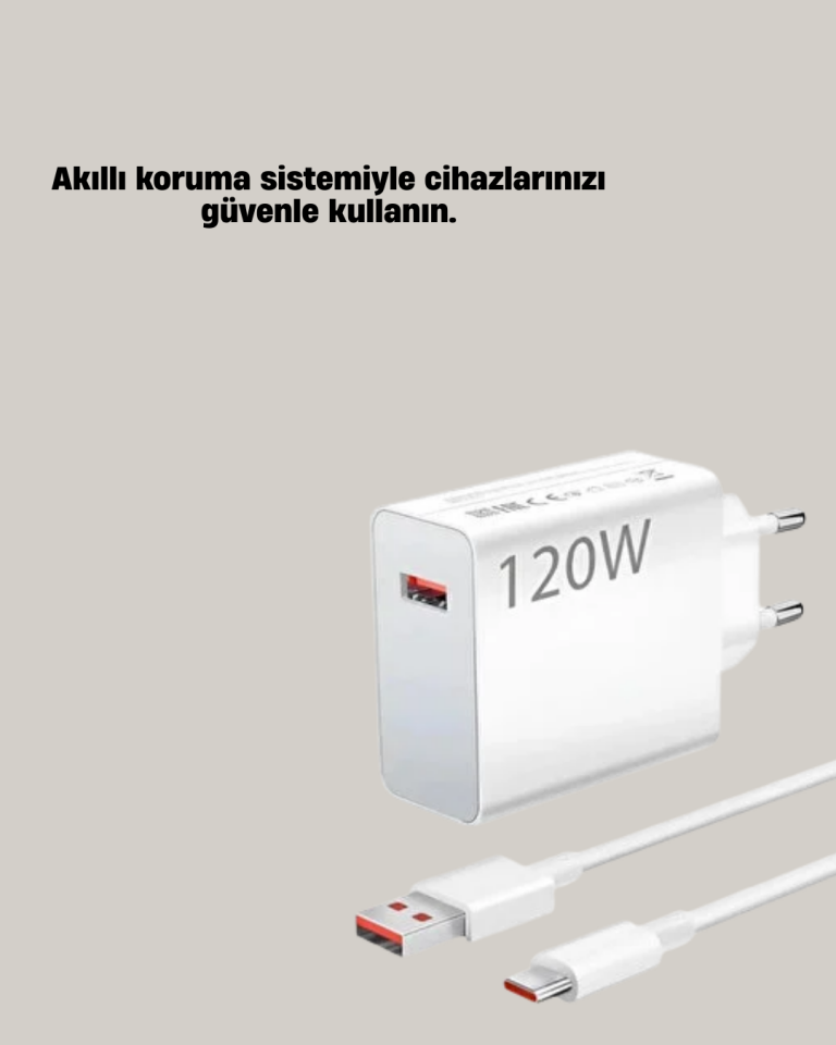 120W Güçlü Hızlı Şarj Adaptörü ve Type-C Kablo Seti – Güvenli Şarj Teknolojisi - Lisinya