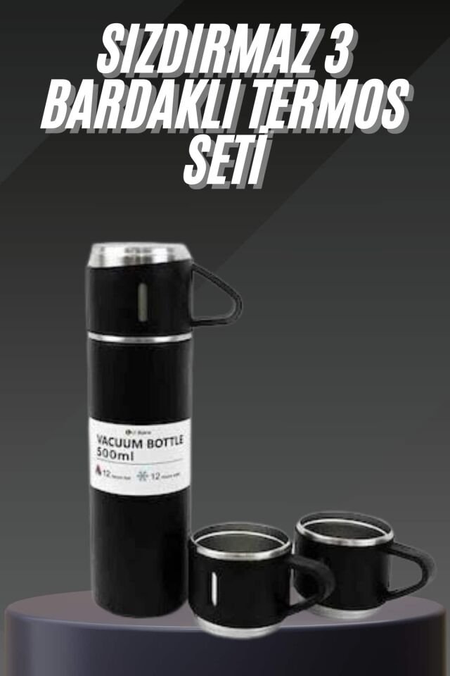Termos Seti Paslanmaz Çelik 3 Bardaklı Vakumlu Termos Set 500 Ml 12 Saate Kadar Isı Koruma - Lisinya