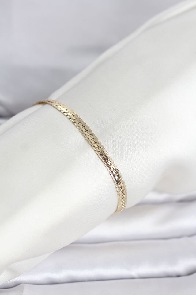 CM 14K Gold Renk Lazerli Yassı Zincir Model Kadın Bileklik - Lisinya