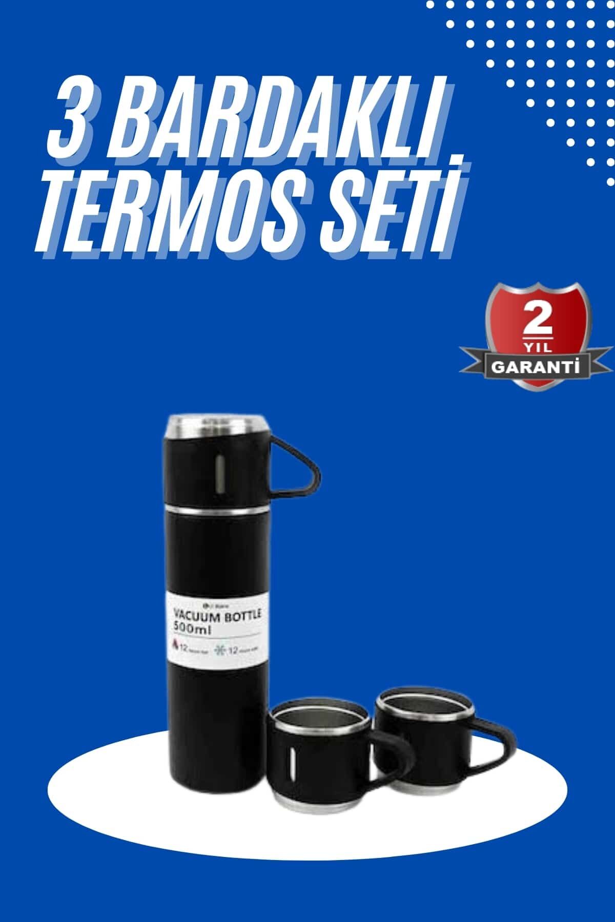 Termos Seti 3'lü Bardak Seti Isı Dayanıklı Siyah Paslanmaz Çelik Vakumlu - Lisinya