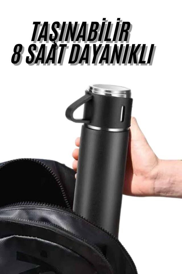 Termos Seti 3'lü Bardak Seti Isı Dayanıklı Siyah Paslanmaz Çelik Vakumlu - Lisinya