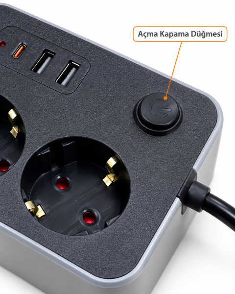 Masaüstü Kullanıma Uygun Anahtarlı USB ve Type C Çıkışlı Termal Akım Korumalı Priz - Lisinya