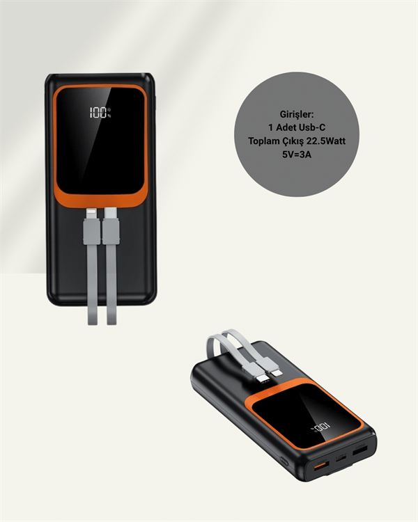 Dijital Ekranlı 20.000 mAh Powerbank | 22.5W Hızlı Şarj + Çoklu Bağlantı Seçeneği - Lisinya