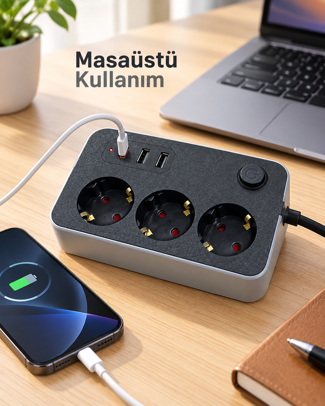 Masaüstü Kullanıma Uygun Anahtarlı USB ve Type C Çıkışlı Termal Akım Korumalı Priz - Lisinya