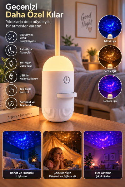 Romantik Atmosfer İçin Ay Yıldız Projeksiyonlu Gece Lambası - Lisinya