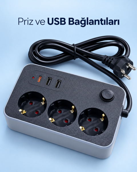 Elektrik ve Şarj Bağlantılarını Bir Arada Sunan USB ve Type C Çıkışlı Akım Korumalı Priz - Lisinya
