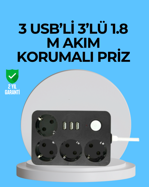 3 USB Çıkışlı 4’lü Akıllı Priz 2500W 2 Metre Kablo