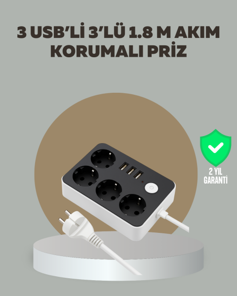 4 Prizli 3 USB Portlu Anahtarlı Akım Korumalı Priz