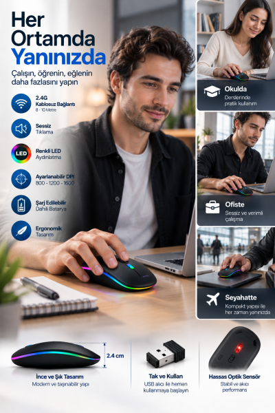 Ofis Ev Okul Kullanımına Uygun Şarjlı Kablosuz Mouse - Lisinya